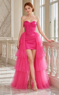 Elegante vestido de cóctel de graduación con abertura frontal, estilo corsé rosa fucsia convertible de corto a largo hasta el suelo.