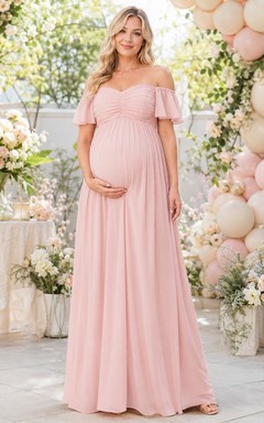 Maternity Off Shoulder Floor Length Chiffon Romantic Baby Shower Dress