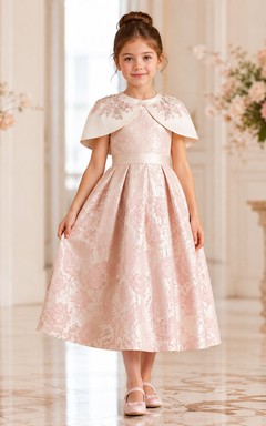 Capelet Satin A-Line Flower Girl Dress with Short Sleeves, Jewel Neck and Tea-Length Skirt