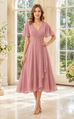Romantisches Cocktailkleid aus altrosafarbenem Chiffon mit V-Ausschnitt, kurzen Ärmeln und Teelänge in A-Linie
