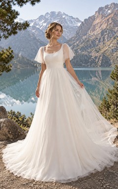 Vestido de novia sencillo de tul con escote redondo y mangas cortas, corte en A