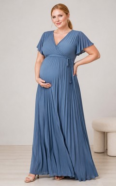 Slate Blue Plus Size Maternity V-Neck Short Sleeve Jersey A-Line Dress
