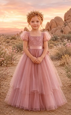 A-Line Flowergirl Lace Tulle Floor-Length Puff Sleeve Desert Elopement Wedding Dress with Tiered Skirt