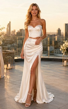 Strapless Corset Satin Slit Skirt Rooftop Reception Bridal Set