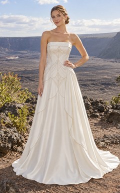 Vestido de novia Art Déco sin tirantes, sin mangas, de satén con cuentas y corte en A, largo hasta el suelo