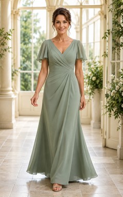 Salbeigrünes Chiffon-Kleid in A-Linie mit V-Ausschnitt für Mütter