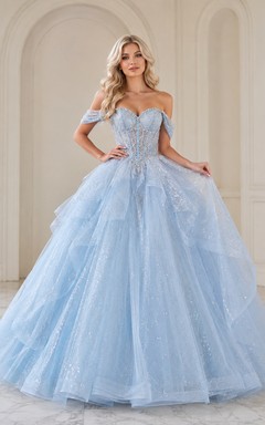 Sky Blue Luxury Off Shoulder Crystal Mesh Layered Tulle Quinceanera Princess Ball Gown