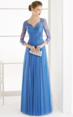 A-Linien-Abendkleid aus Tüll mit 3-4 Ärmeln, V-Ausschnitt, bodenlang, mit Blumenmuster und Falten