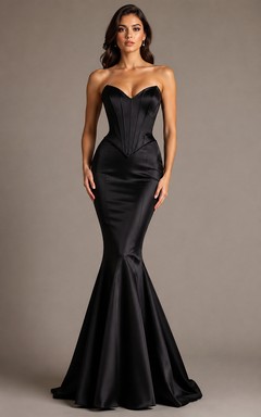 Schwarzes Meerjungfrauen-Abendkleid aus Satin, trägerlos, mit Korsett-Oberteil, bodenlang