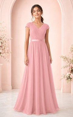 Elegantes, zartrosa Chiffon-Brautjungfernkleid mit kurzen Ärmeln, V-Ausschnitt, A-Linie und bodenlang