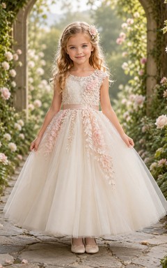 Vestido de niña de flores romántico color marfil, corte en A, tul, manga corta, escote redondo, largo midi, apliques florales.