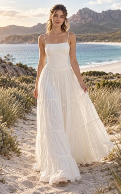 Simple Square Spaghetti Tiered A-Line Ankle-Length Beach Wedding Dress