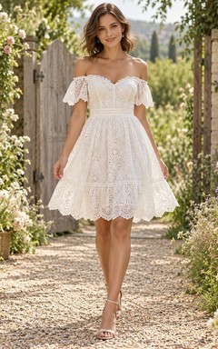 Boho Short Off Shoulder Sweetheart Scalloped Lace Wedding Dress