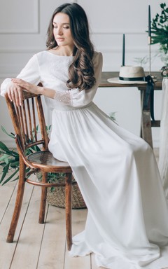 Scoop-neck Long Sleeve Chiffon Deep-v Neck Casual Wedding Dress with Deep-v Back