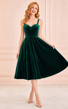 Dunkelgrünes, herzförmiges, trägerloses, plissiertes Vintage-Cocktailkleid aus Samt in A-Linie