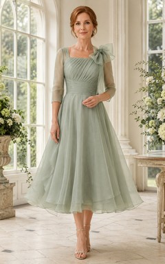 Salbeigrünes, teelanges Tüllkleid für Mütter mit 3/4-Ärmeln