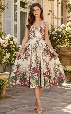 Robe trapèze fleurie mi-longue à col carré, idéale pour une garden-party