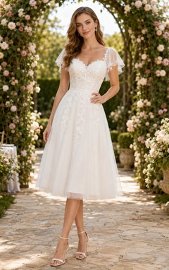 Tea-Length Lace Flutter Sleeve A-Line Garden Bridal Dress