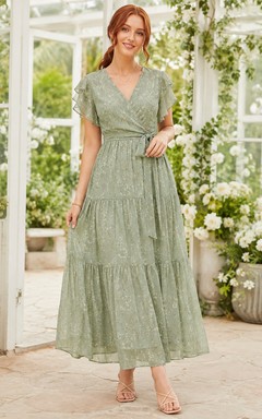 Sage Green Bohemian Tiered Chiffon Petal-Sleeve Garden Guest Dress