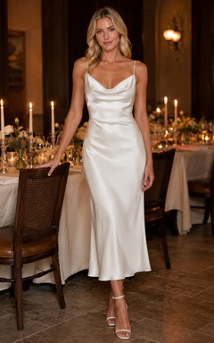 Robe midi en satin à col bénitier et fines bretelles pour dîner de répétition