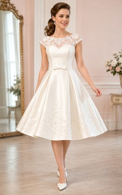 Vintage 1950s Bateau Cap Illusion Lace Satin A-Line Tea Wedding Dress