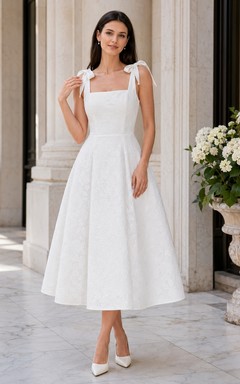 Vestido de jardín blanco de encaje con escote cuadrado, sin mangas, corte en A y largo hasta la rodilla.