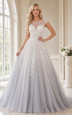 Elegantes graues Brautkleid aus Spitze in A-Linie mit U-Boot-Ärmeln, bodenlanger Schleppe und elegantem Schnitt