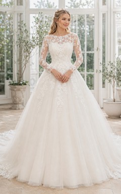 Modest Scoop Long Illusion Lace Sleeve Tulle Ball Gown Chapel Train Wedding Gown