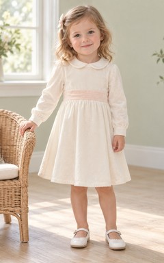 Simple Modest Long Sleeve Ivory Knee Length Narrow Peach Band Collared Flower Girl Dress