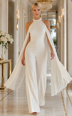 Eleganter Braut-Jumpsuit aus Satin mit hohem Kragen, Neckholder, weitem Bein und Cape-Rücken