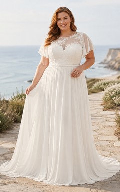 Vestido de novia de talla grande para fugas románticas, de manga corta, encaje y gasa, corte A.