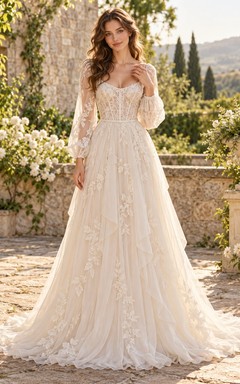 Long Sleeve Corset Sweetheart Floral Tulle A-line Romantic Wedding Dress