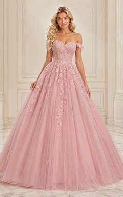 Vestido de gala largo hasta el suelo de tul romántico con hombros descubiertos