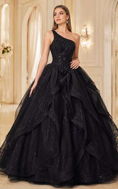Vestido de fiesta de organza negro de un solo hombro con volantes en cascada, estilo princesa, largo hasta el suelo, ideal para quinceañeras, graduaciones y eventos formales.