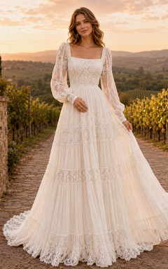Bohemian Square Neck Long Puff Sleeve Tiered Lace Tulle A-Line Sweep Train Wedding Dress