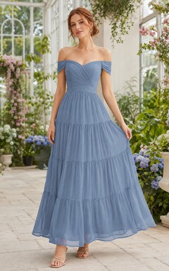 Steel Blue Garden Wedding Guest Dress A-Line Chiffon Tulle Off Shoulder Sleeveless Tea-Length Tiered