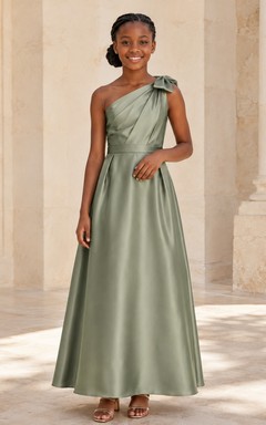 Eukalyptusfarbenes Brautjungfernkleid für junge Damen, A-Linie, One-Shoulder, ärmellos, Satin, gerafft, modern, formell