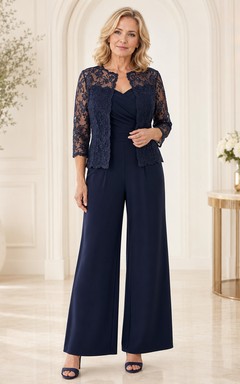 Dunkelblauer Jumpsuit mit Muttermotiv, Jacke mit Muschelspitzenbesatz und weit geschnittener Hose