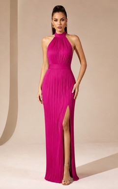 Fuchsia Halter Sleeveless Ruched Split Sheath Evening Dress