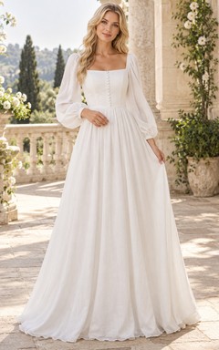 Vestido de novia sencillo de corte A con mangas largas, escote cuadrado, botones en la parte delantera, puños y fruncido.