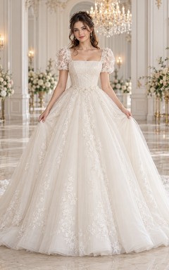Modest Square Neck Puff Sleeve Tulle Ball Gown Wedding Dress