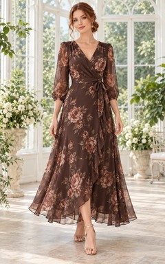Vestido de invitada de gasa largo hasta el suelo con escote en V cruzado y mangas tres cuartos, estampado de rosas de chocolate