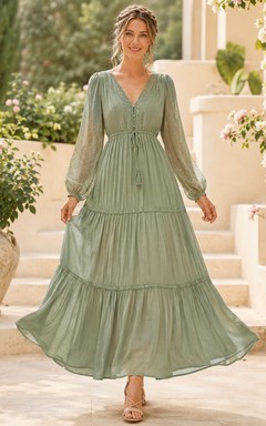 Sage Green Tiered Pleated V-neck Long Sleeve Chiffon A-Line Gown Dress