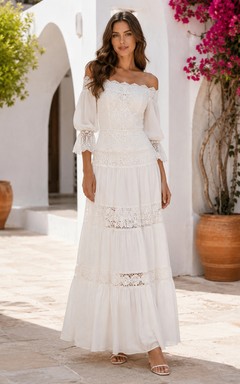 Ibicenco Off Shoulder Bell Sleeve Crochet Tiered A Line Beach Wedding Dress