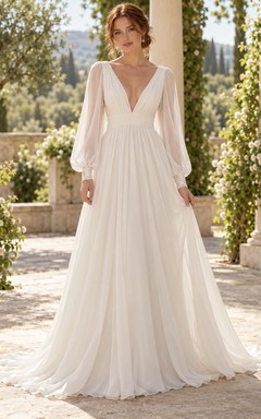 Simple Long Sleeve V-neck Chiffon A-line Sweep Train Wedding Dress