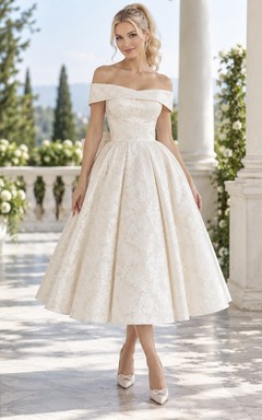 Rockabilly Vintage Teelänge, schulterfrei, florales Jacquardmuster, plissiert, A-Linie, Schleife am Rücken, Brautkleid