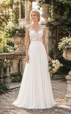 Robe de mariée en mousseline blanche à manches courtes et dentelle illusion, coupe trapèze