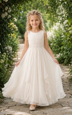 Blumenmädchenkleid aus elfenbeinfarbenem Tüll, A-Linie, Rundhalsausschnitt, bodenlang, mit Schärpendetails