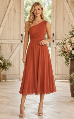 Terracotta One Shoulder Chiffon Tea Length Rustic Guest Dress