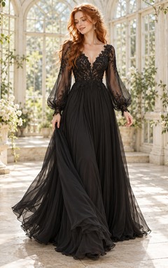 Black Long Poet Sleeve V-neck Lace Chiffon Wedding Dress